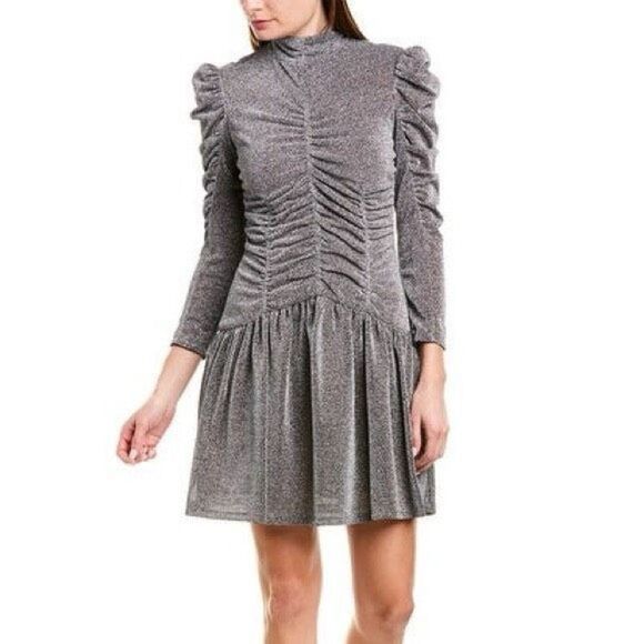 Rebecca Taylor Silver Mock Neck Mini Dress Ruched NWT Small - Picture 1 of 7
